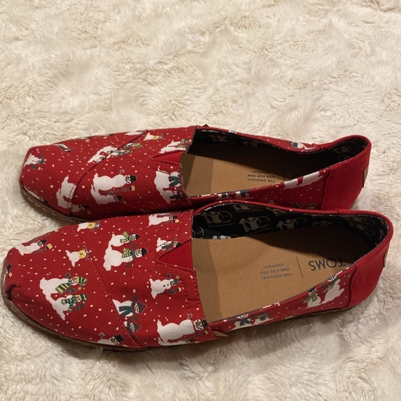 TOMS Christmas espadrilles, red with white snowman and snowflakes size 9.5 - Picture 2 of 8